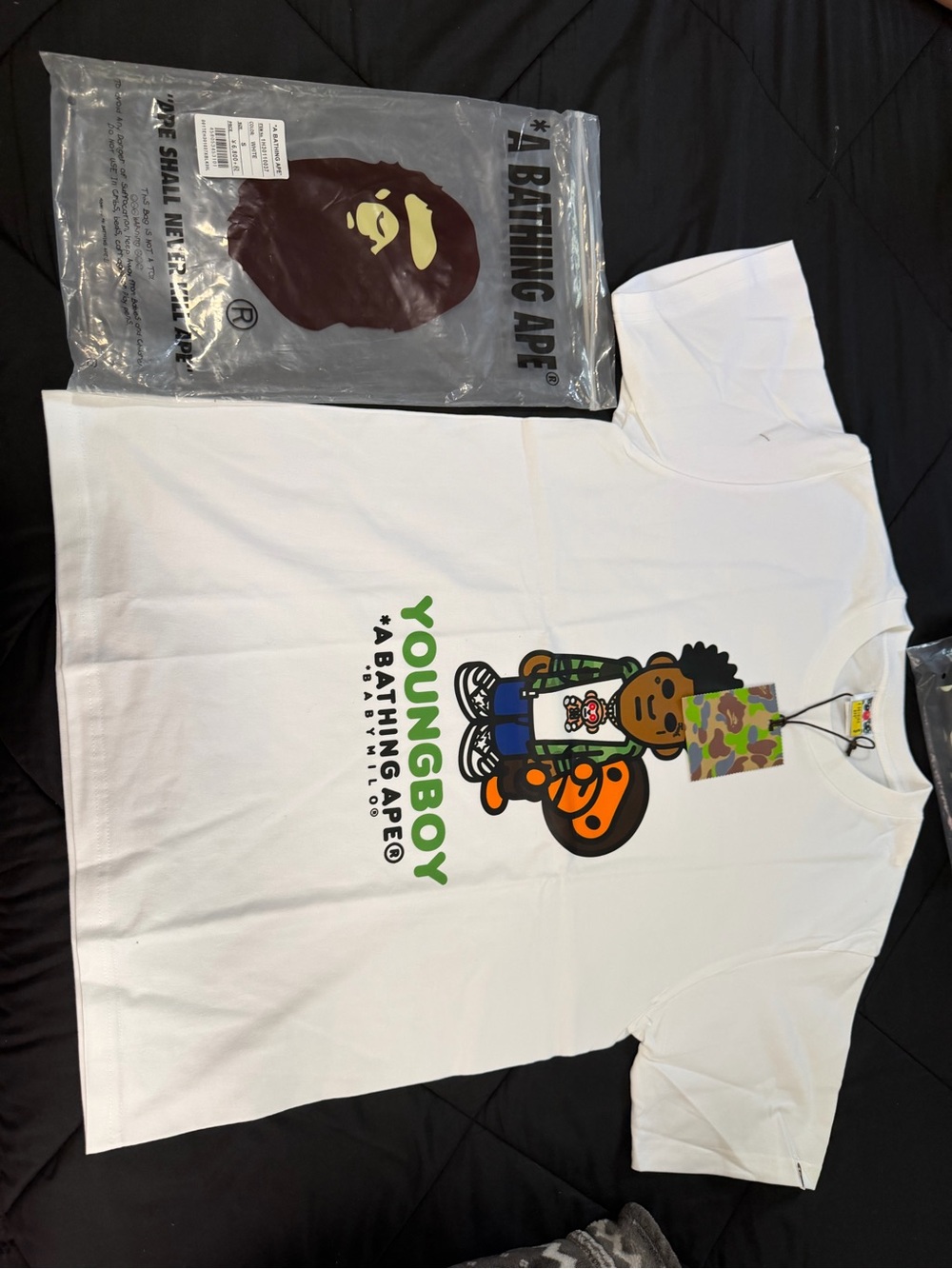 Bape White Kids 'Young Boy' Graphic Tee with Green Accents